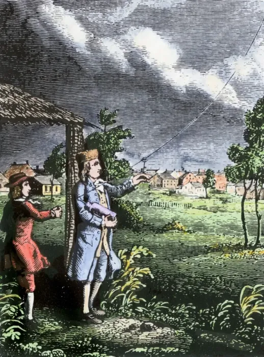 Framed Print : Benjamin Franklin flying a kite to demonstrate the electrical nature of Framed Print : Benjamin Franklin flying a kite to demonstrate the electrical nature of
