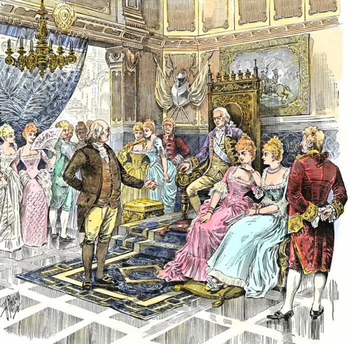 Framed Print : Benjamin Franklin negotiating a French alliance with Louis XVI