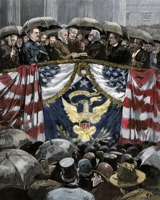 Framed Print : Benjamin Harrison taking the Presidential Oath of Office in the rain Framed Print : Benjamin Harrison taking the Presidential Oath of Office in the rain