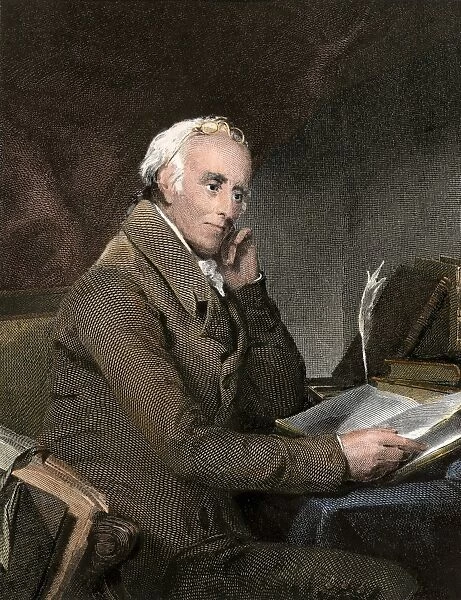 Benjamin Rush. Dr. Benjamin Rush at his desk.. Hand-colored engraving of a portrait