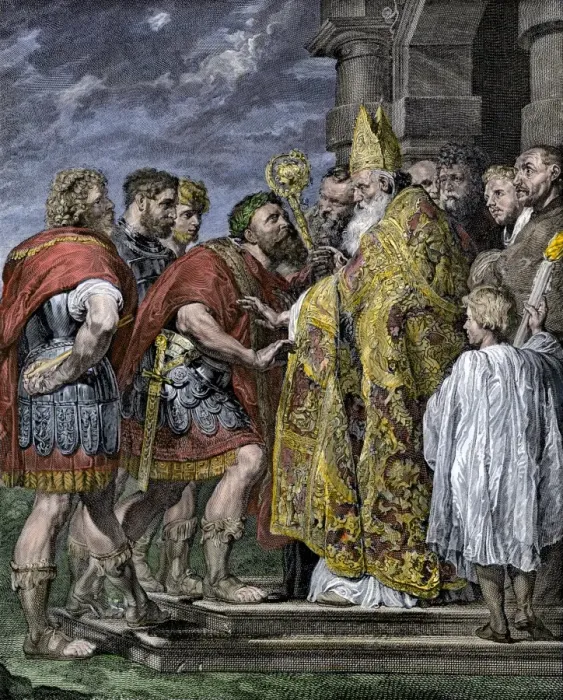 Framed Print : Bishop Ambrose rebukes Roman Emperor Theodosius I for atrocities in