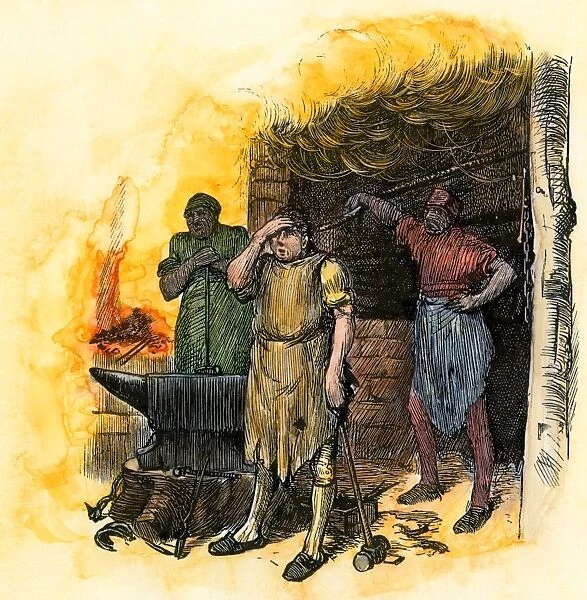 Blacksmith shop. Blacksmith and his apprentices at their forge.