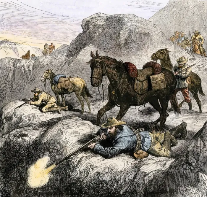 Framed Print : Boer marksmen in battle against the British in the Transvaal Framed Print : Boer marksmen in battle against the British in the Transvaal