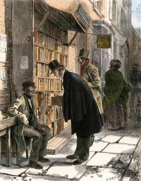 Framed Print : Bookstall on a city street, 1800s Framed Print : Bookstall on a city street, 1800s