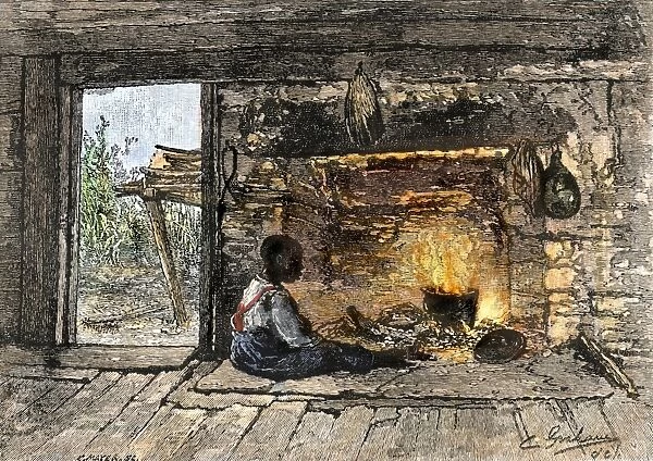 Boy keeping warm in a slave cabin