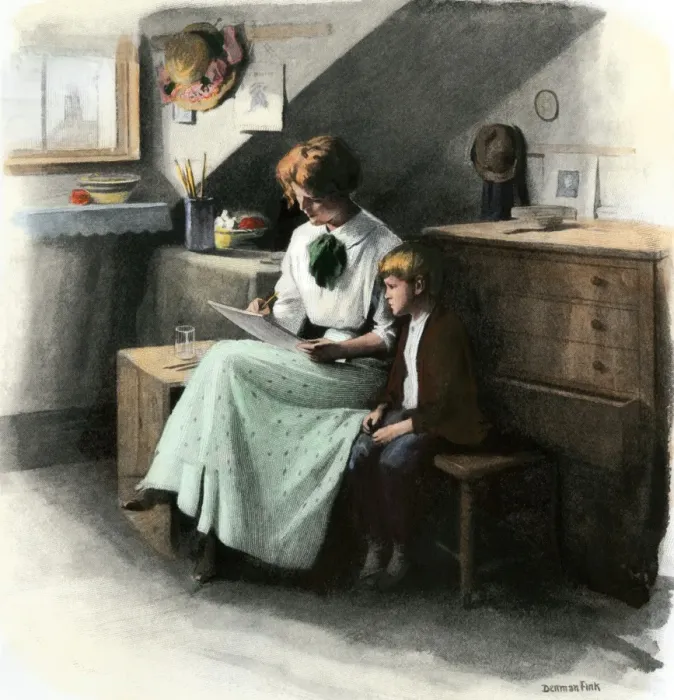 Framed Print : Boy learning at home, circa 1900 Framed Print : Boy learning at home, circa 1900