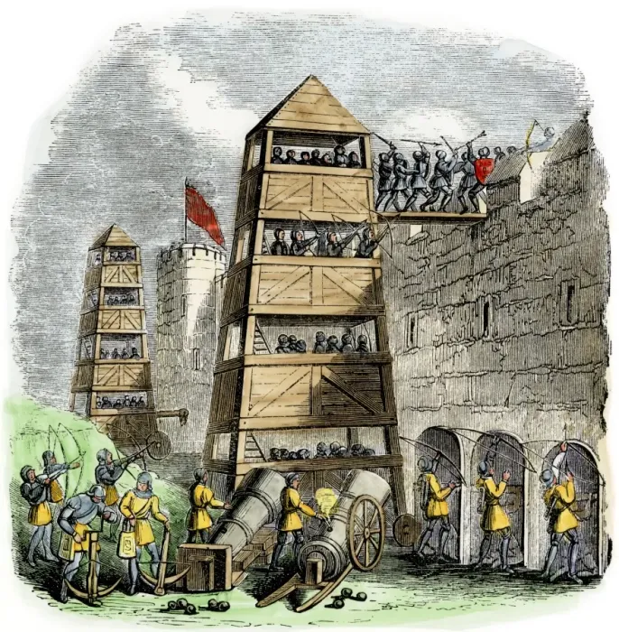 Framed Print : Breaching tower, archers, and cannon used in a siege during the Hundred Years War Framed Print : Breaching tower, archers, and cannon used in a siege during the Hundred Years War