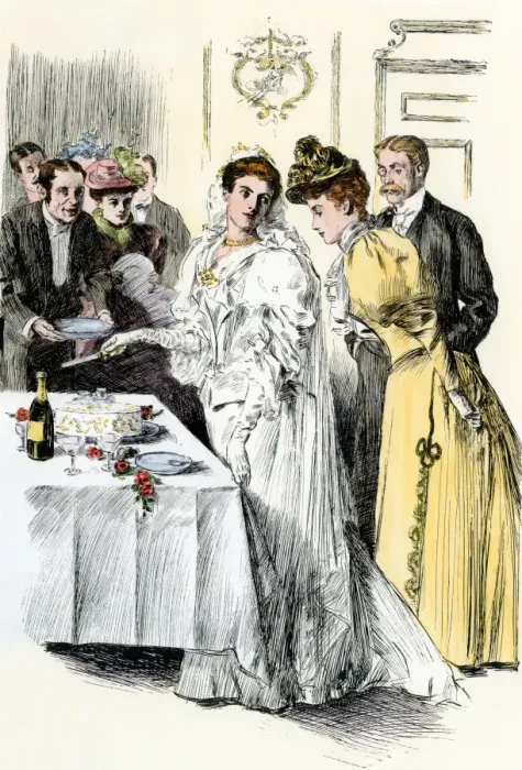 Framed Print : Bride cutting the wedding cake, 1800s Framed Print : Bride cutting the wedding cake, 1800s