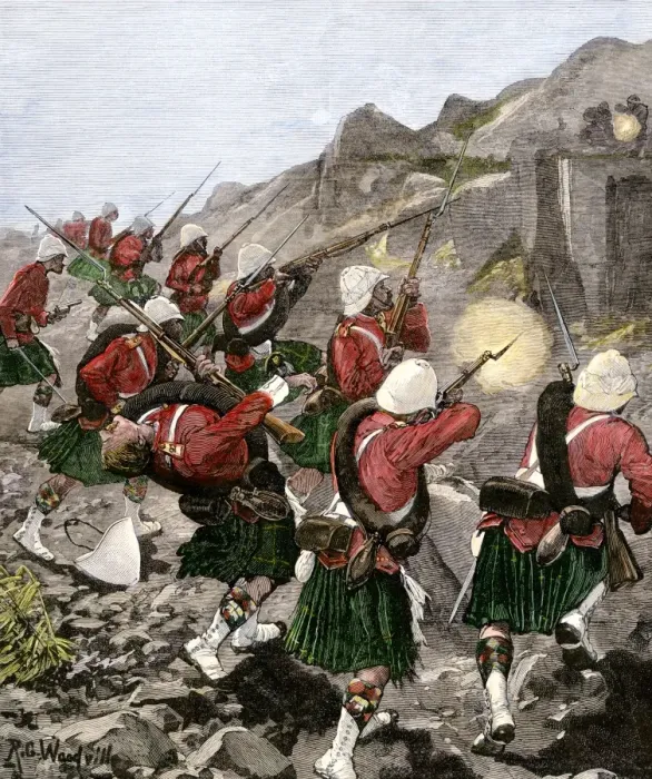 Framed Print : British 92nd Highlanders skirmish with Boers in the Transvaal War Framed Print : British 92nd Highlanders skirmish with Boers in the Transvaal War