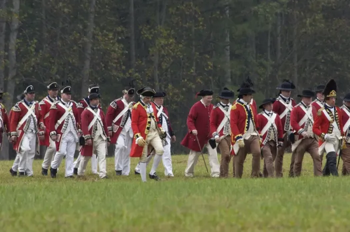 Framed Print : British army on the field in a reenactment of the surrender at Yorktown