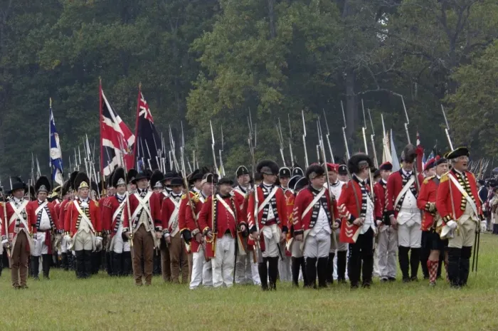 Framed Print : British army on the field in a reenactment of the surrender at Yorktown