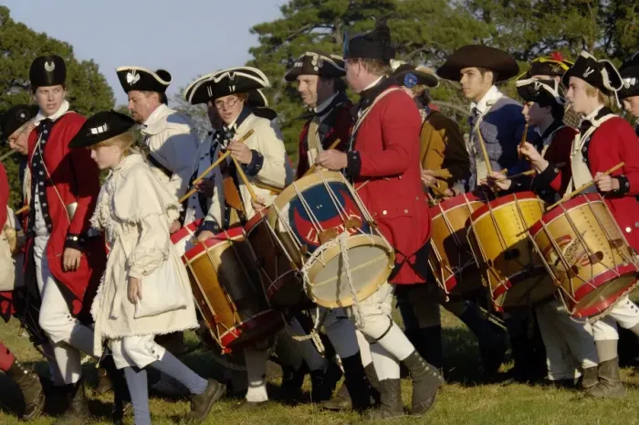 Framed Print : British fife and drum corps marching in a reenactment at Yorktown battlefield Framed Print : British fife and drum corps marching in a reenactment at Yorktown battlefield