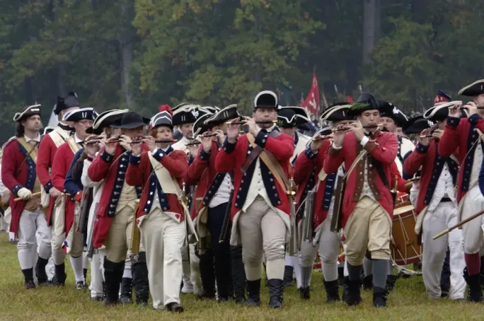 Framed Print : British fife and drum corps takes the field in a reenactment of the surrender Framed Print : British fife and drum corps takes the field in a reenactment of the surrender
