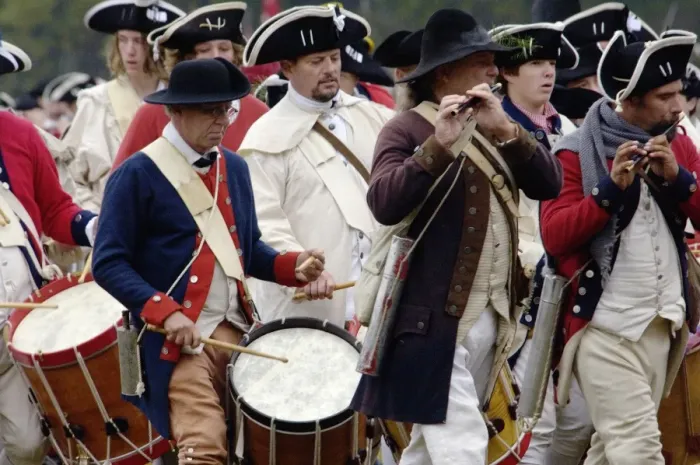 Framed Print : British fife and drum corps takes the field in a reenactment of the surrender Framed Print : British fife and drum corps takes the field in a reenactment of the surrender