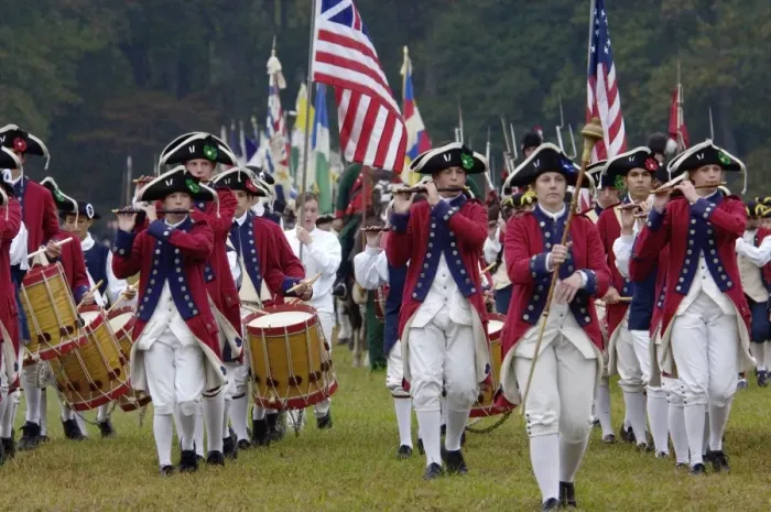 Framed Print : British fife and drum corps takes the field in a reenactment of the surrender Framed Print : British fife and drum corps takes the field in a reenactment of the surrender