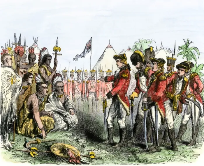 Framed Print : British General Burgoyne addressing Native Americans to secure an alliance Framed Print : British General Burgoyne addressing Native Americans to secure an alliance