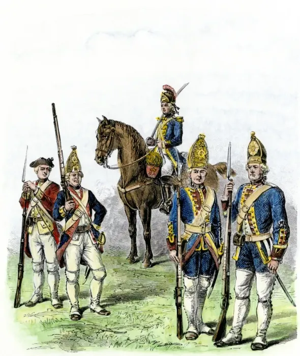Framed Print : British and Hessian soldiers in the American Revolution