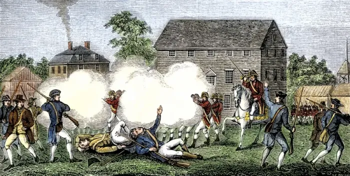 Framed Print : British troops firing on the Americans at Lexington Framed Print : British troops firing on the Americans at Lexington