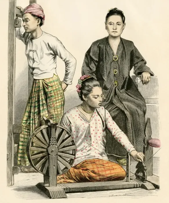 Framed Print : Burmese women and a spinning wheel Framed Print : Burmese women and a spinning wheel