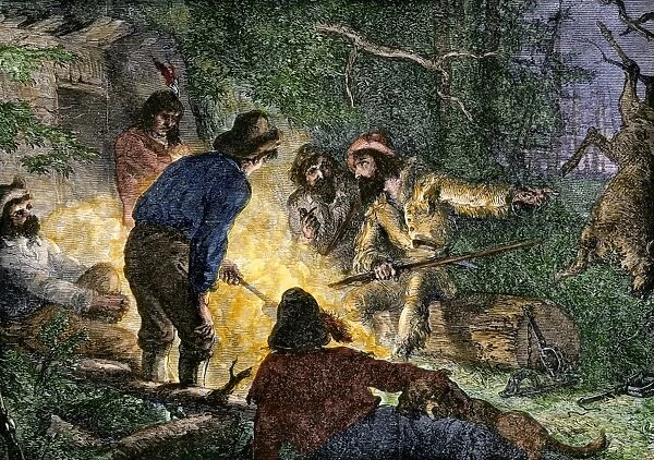 BUSN2A-00005. Trappers and woodsmen exchanging stories around a campfire