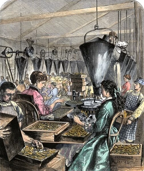 BUSN2A-00008. Factory workers making rifle cartridges, 1870s.