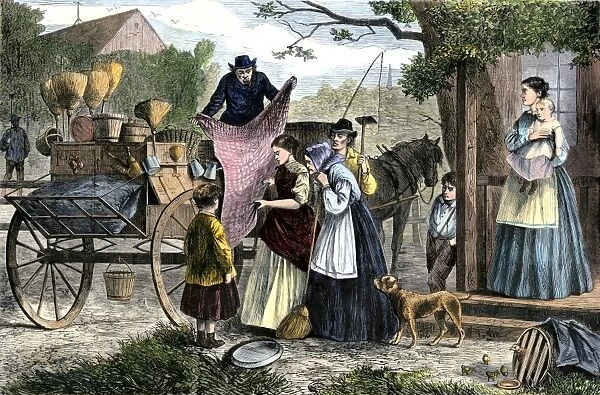 BUSN2A-00009. Peddler showing his wares to a farm family, 1800s.