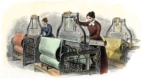 BUSN2A-00042. Lowell girls weaving in Massachusetts textile mills, 1850s.