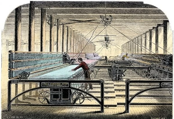 BUSN2A-00070. MIll worker tending mule-spinners, an industrial textile machine, 1800s.