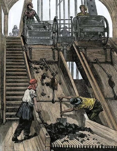BUSN2A-00071. Women screening coal coming out of a mine in England, 1800s.