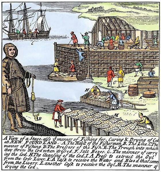 BUSN2A-00083. Cod fishermen drying and salting fish on the Newfoundland coast, 1700s.