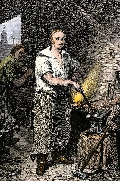 BUSN2A-00088. Pat Lyon, blacksmith, at the forge.. Hand-colored woodcut