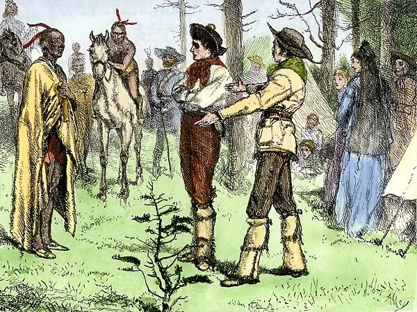 BUSN2A-00096. Fur traders and Native Americans conversing in pantomine.