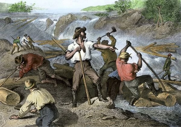 BUSN2A-00099. Lumbermen clearing a log-jam on a river, 1800s.