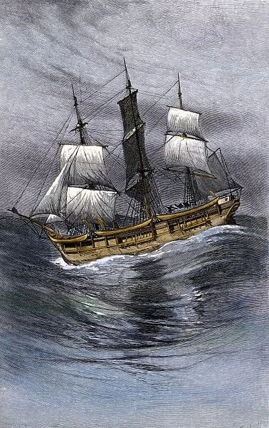 BUSN2A-00138. Old wooden whaling-ship under sail.