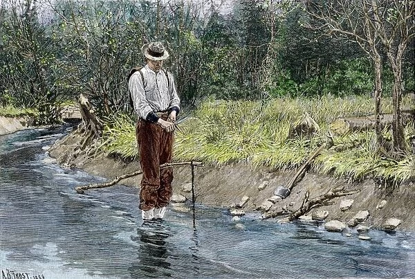 BUSN2A-00142. Woodsman setting a beaver trap in a stream, 1800s.