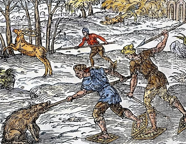 BUSN2A-00152. Early settlers hunting on snowshoes in Canada.. Hand-colored woodcut