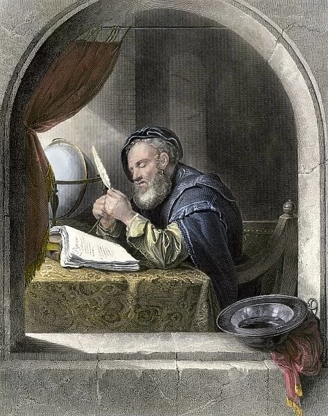 BUSN2A-00155. Writing master using a quill pen.. Hand-colored engraving of an illustration