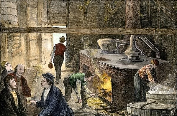 BUSN2A-00159. Making apple whiskey at a still in Rockland County New York, 1870s.