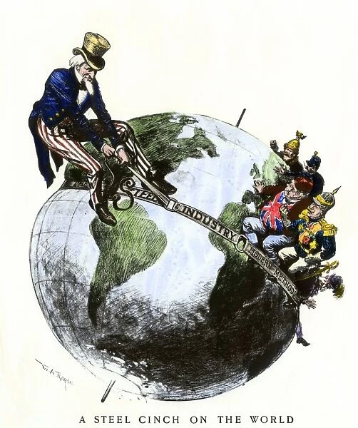 BUSN2A-00165. Uncle Sam applying a steel cinch on the globe