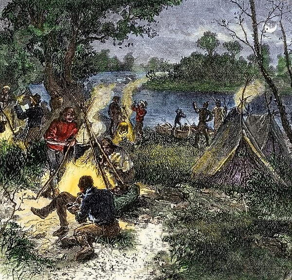 BUSN2A-00167. Riverside camp of voyageurs, or French fur traders.