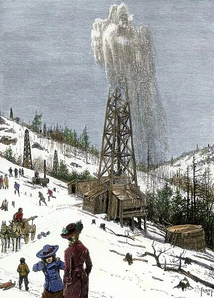 BUSN2A-00192. Early oil well gushing in Pennsylvania 1880s.