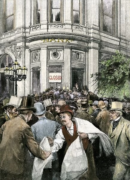 BUSN2A-00195. Depositors making a run on a bank during a financial panic in the 1800s.