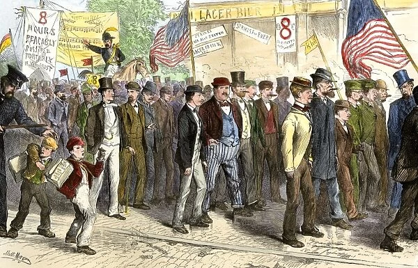 BUSN2A-00203. Parade of working men on strike for an eight-hour work day in New York City