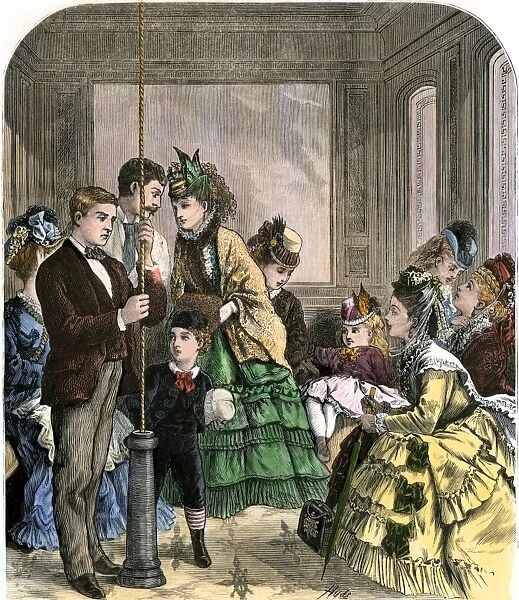 BUSN2A-00258. Shoppers in the new elevator at Lord & Taylor's store on Broadway, 1870s.