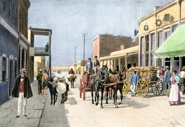 Framed Print : Busy street in Santa Fe in the late 1800s Framed Print : Busy street in Santa Fe in the late 1800s