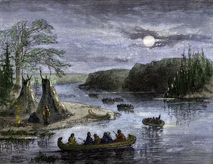 Framed Print : Canoes on the Ohio River traveling by moonlight Hand-colored woodcut of a Framed Print : Canoes on the Ohio River traveling by moonlight Hand-colored woodcut of a