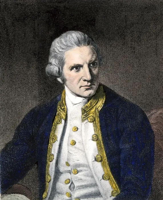 Framed Print : Captain James Cook. Hand-colored woodcut of a painting
