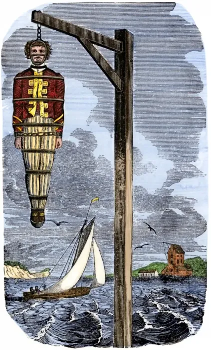 Framed Print : Captain Kidd in chains, executed for piracy in England Framed Print : Captain Kidd in chains, executed for piracy in England