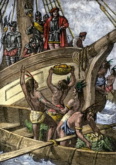 Framed Print : Caribbean natives bring provisions to the shipwrecked crew of Columbus Framed Print : Caribbean natives bring provisions to the shipwrecked crew of Columbus