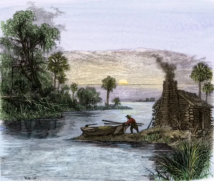 Framed Print : Carolina colonist traveling by boat Framed Print : Carolina colonist traveling by boat